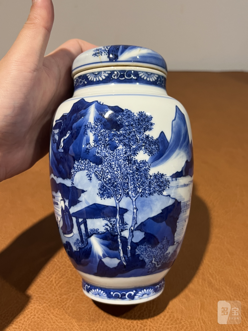 清康熙 青花山水人物纹莲子罐 - 图7